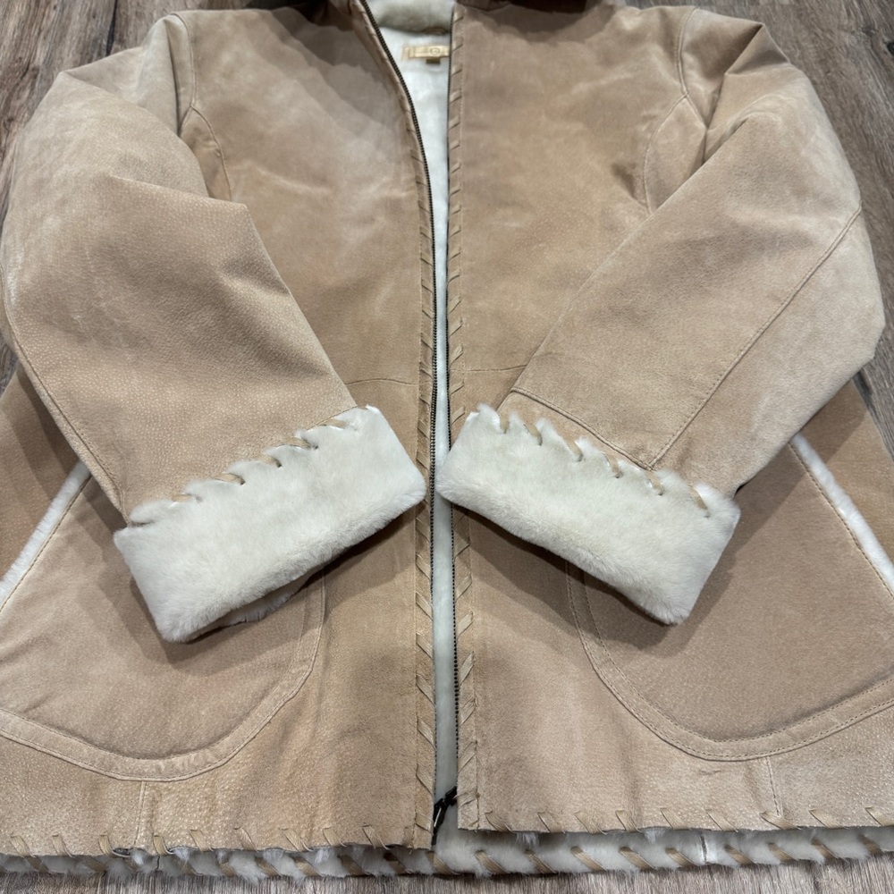 Wilsons Leather Tan Suede Coat Ivory Faux Fur Lined Hooded Jacket Womens 1X - Picture 5 of 15